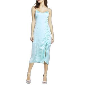 NWT Leith Sky Blue Satin "Teal Fair" Ruched Midi Side Slit Cocktail Slip Dress M
